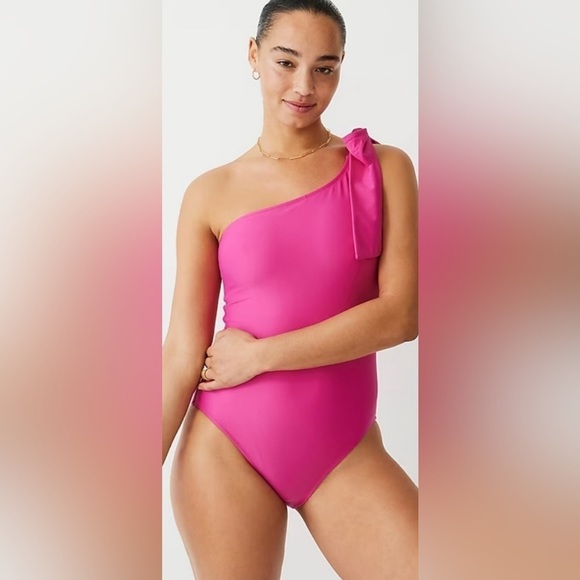 NWT J. Crew | Bright Pink Bow One-Shoulder One-Piece Bathing Swim Suit Size 2 - Picture 1 of 8